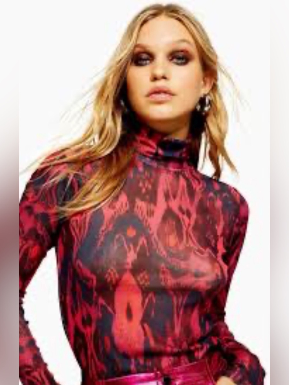 Topshop Red and Black Patterned Mesh-Like Turtleneck Long Sleeve Top